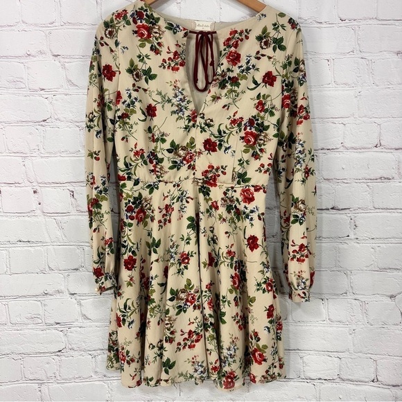 Altar'd State Dresses & Skirts - Floral Long Sleeve Skater Dress Cream Red Green Boho Cottagecore M